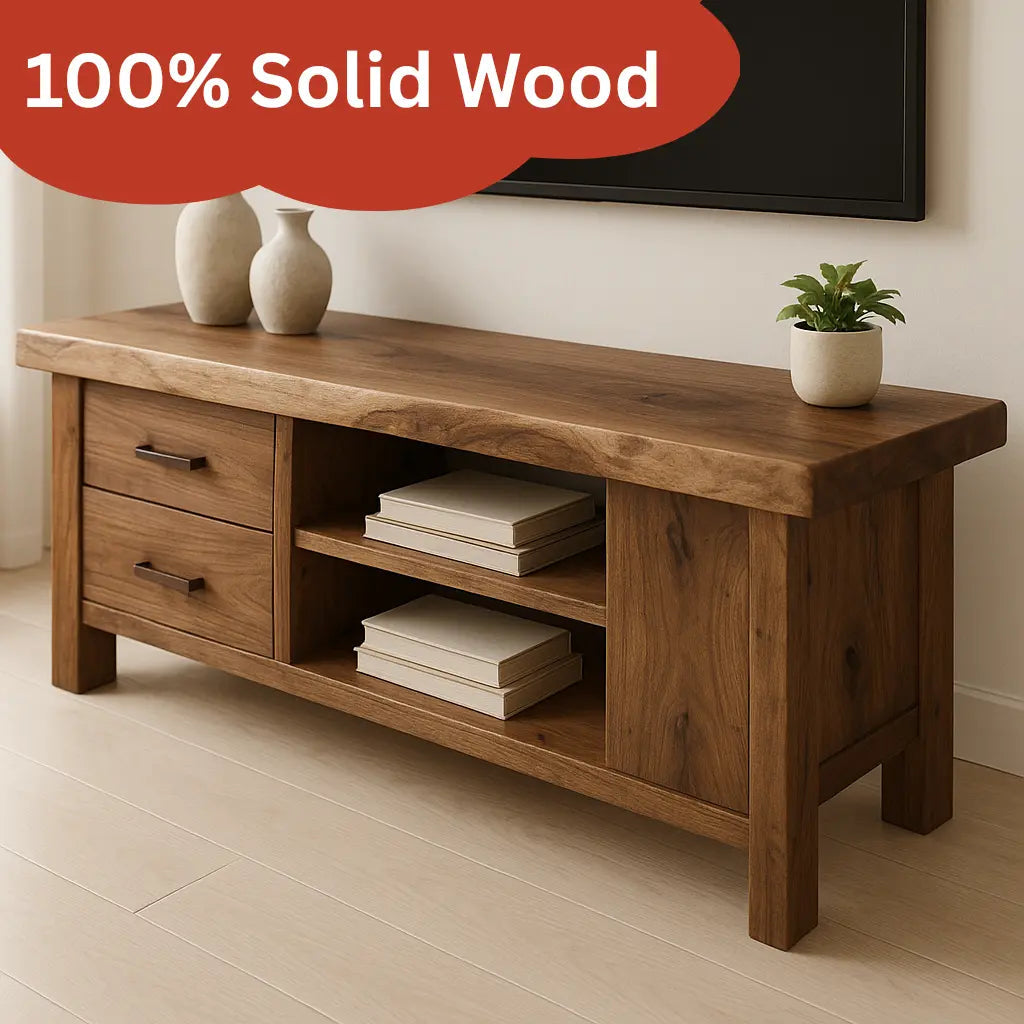 Handcrafted Solid Wood TV Stand – Rustic Walnut Media Console with Drawers and Open Shelves Kitchnce