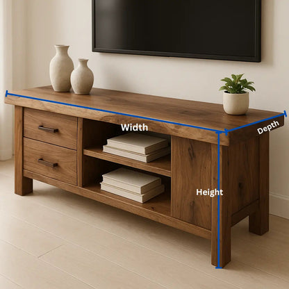 Handcrafted Solid Wood TV Stand – Rustic Walnut Media Console with Drawers and Open Shelves Kitchnce