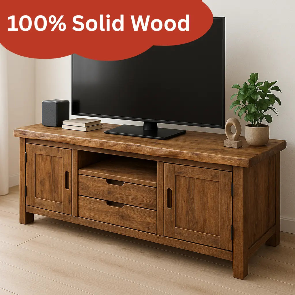 Handcrafted Solid Wood TV Stand – Rustic Walnut Media Console with Drawers and Cabinets Kitchnce