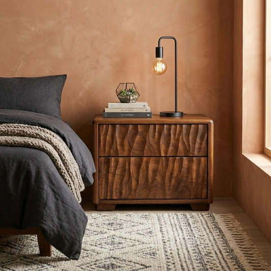 Solid Wood Nightstand with Textured Carved Drawers – Modern Rustic Bedside Table Kitchnce