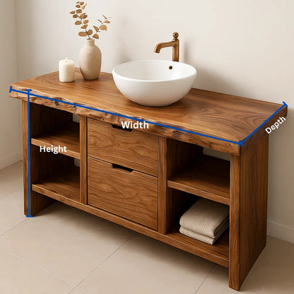 Handcrafted Solid Wood Bathroom Vanity with Live Edge Top and Open Shelves Kitchnce