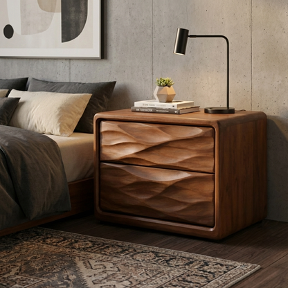 Solid Wood Nightstand with Wave Carved Drawers – Modern Walnut Bedside Table with Storage Kitchnce