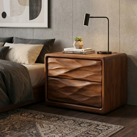 Solid Wood Nightstand with Wave Carved Drawers – Modern Walnut Bedside Table with Storage Kitchnce