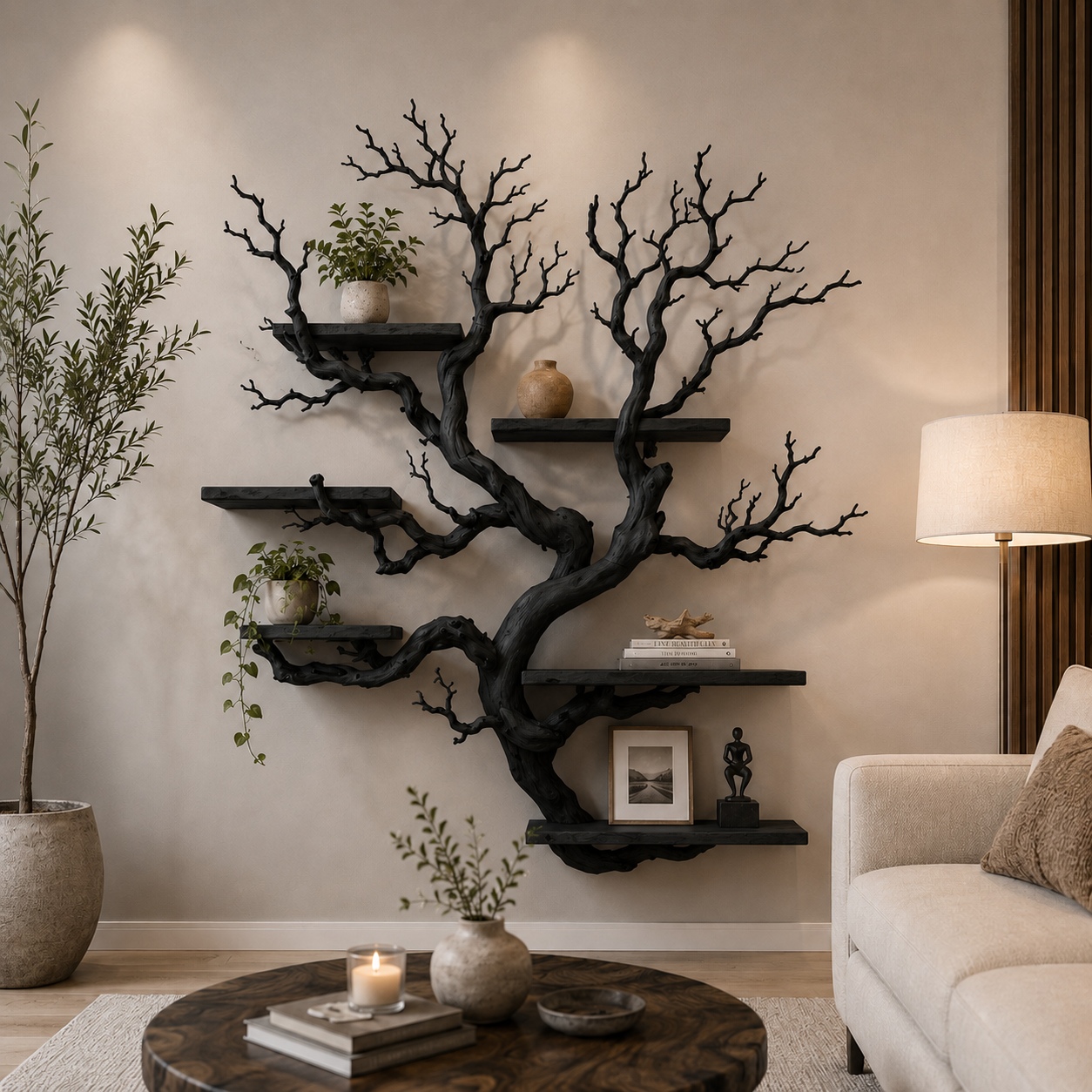 Rustic Tree Bookshelf Wall Shelf, Natural Wood Branch Bookcase
