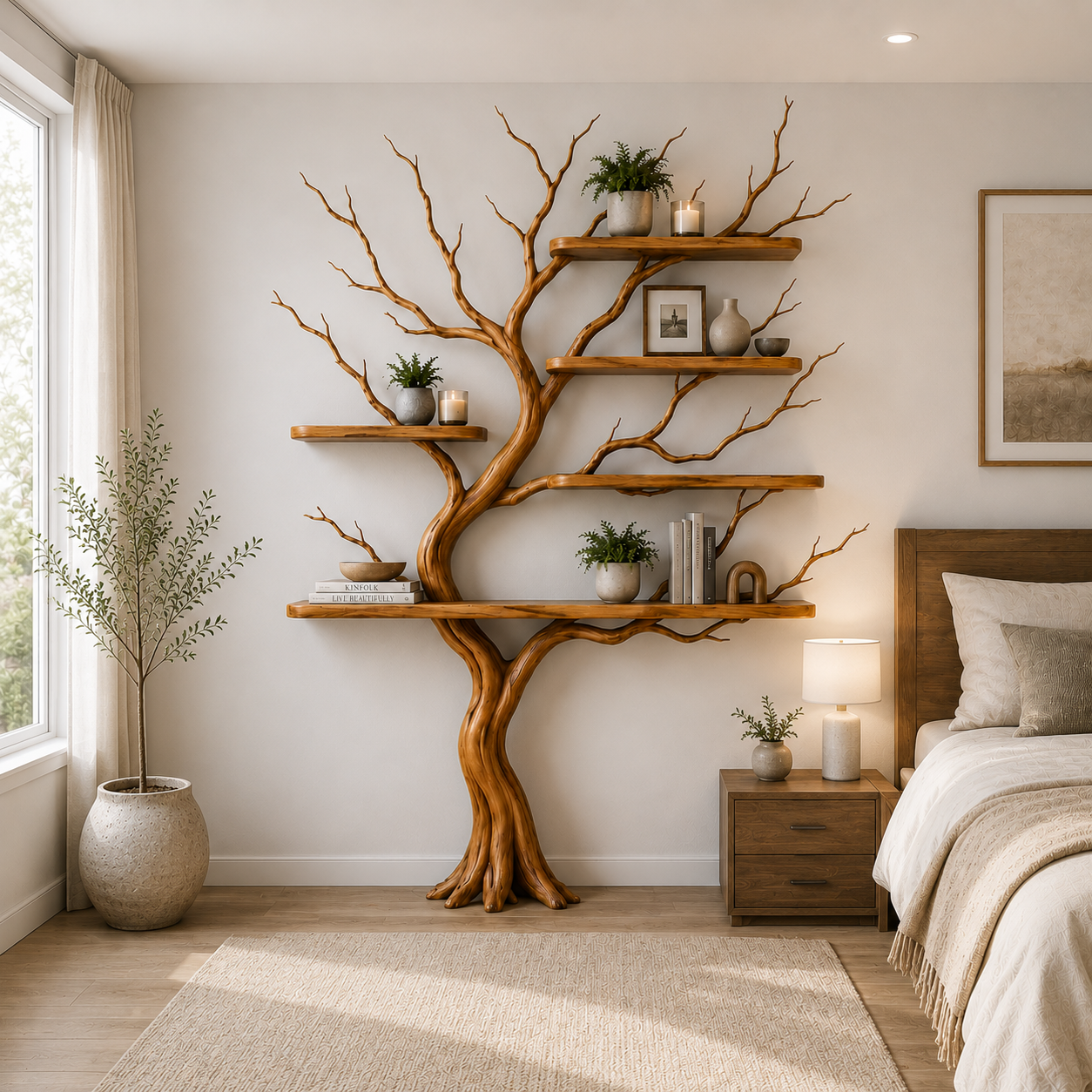 Organic Solid Wood Tree Bookshelf with Floating Shelves