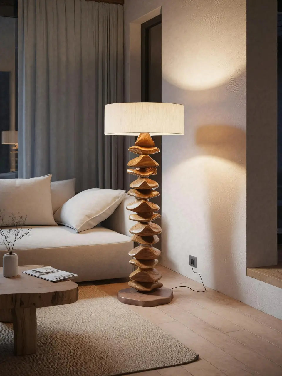 Handmade Sculptural Floor Lamp With Carved Base For Living Room Kitchnce