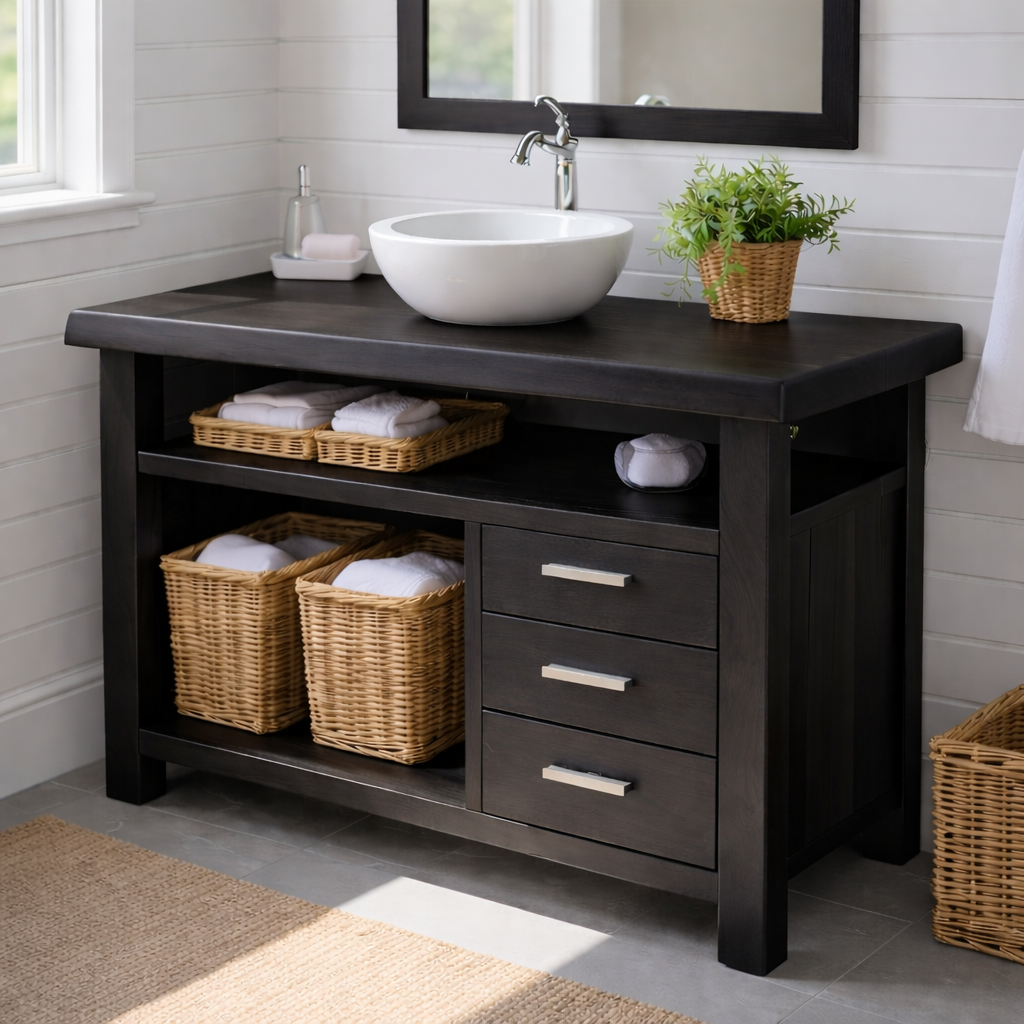 Handcraft Solid Wood Bathroom Vanity with Drawers and Open Shelf Storage Kitchnce