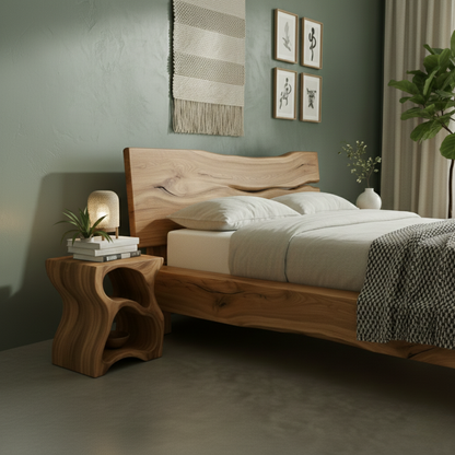 Handcrafted Solid Wood Live-Edge Bed Frame with Organic Natural Headboard Kitchnce