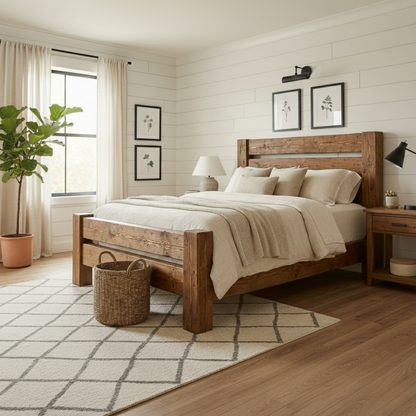 Handcrafted Rustic Solid Wood Bed Frame with Farmhouse Headboard Kitchnce