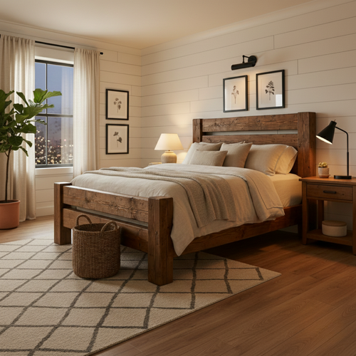 Handcrafted Rustic Solid Wood Bed Frame with Farmhouse Headboard Kitchnce
