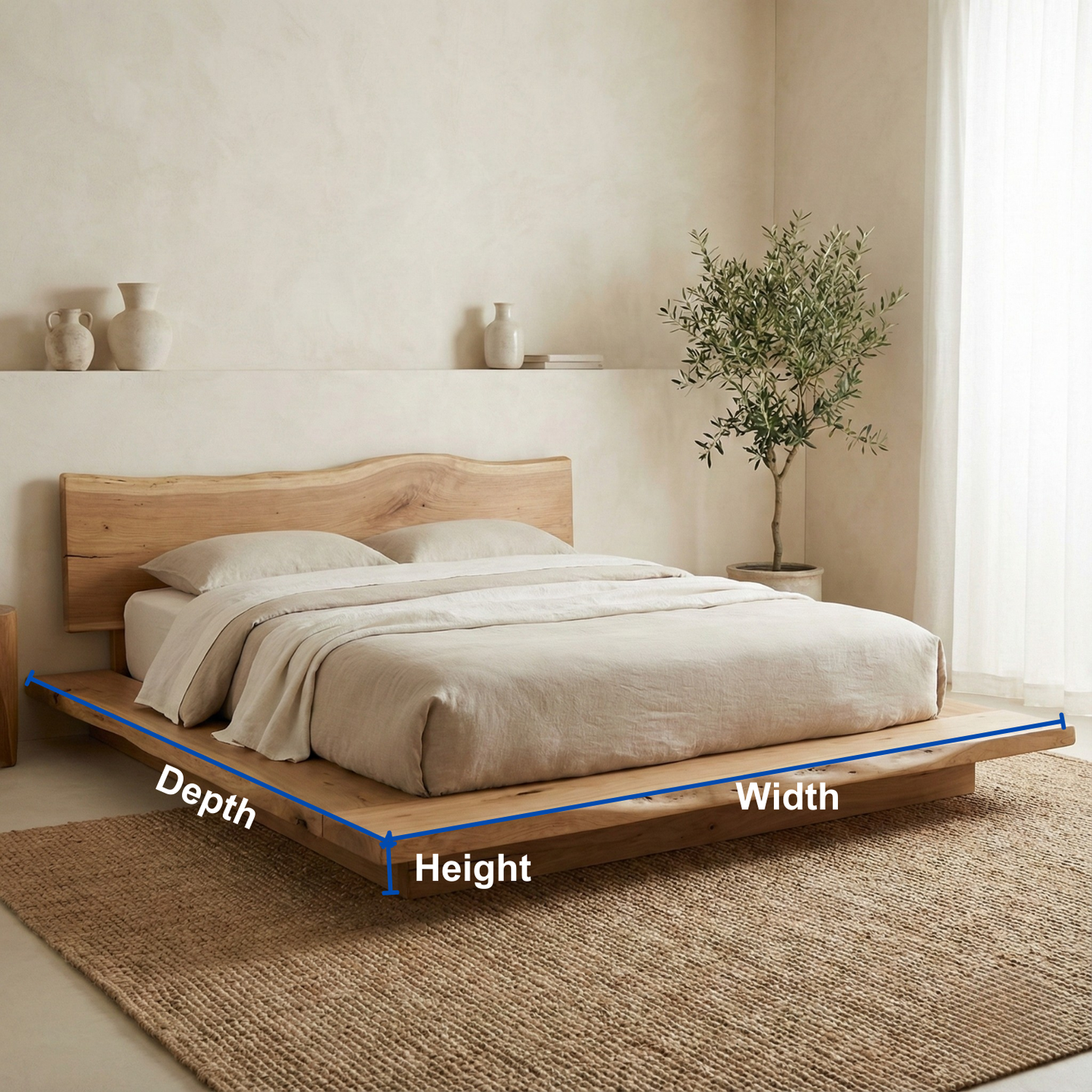 Handcrafted Solid Wood Japandi Platform Bed with Natural Live-Edge Headboard Kitchnce