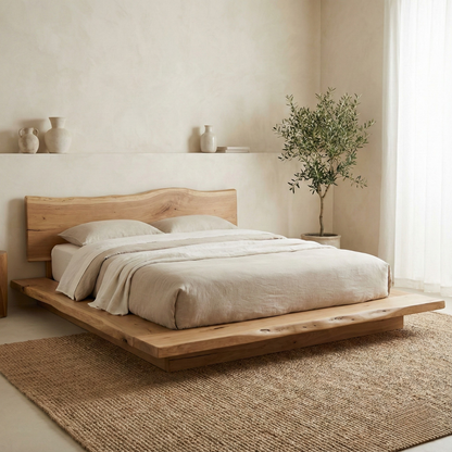 Handcrafted Solid Wood Japandi Platform Bed with Natural Live-Edge Headboard Kitchnce