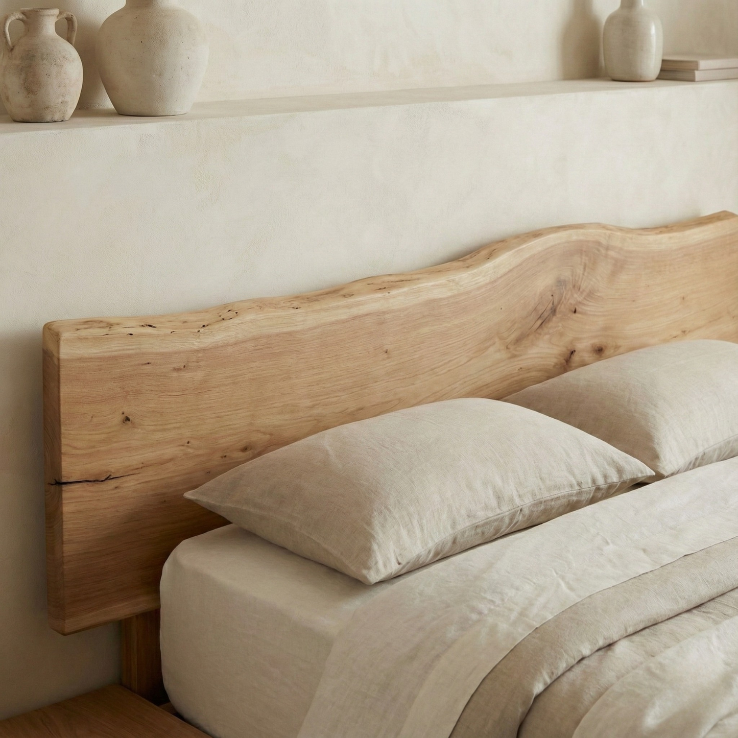 Handcrafted Solid Wood Japandi Platform Bed with Natural Live-Edge Headboard Kitchnce
