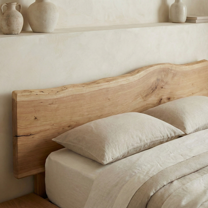 Handcrafted Solid Wood Japandi Platform Bed with Natural Live-Edge Headboard Kitchnce