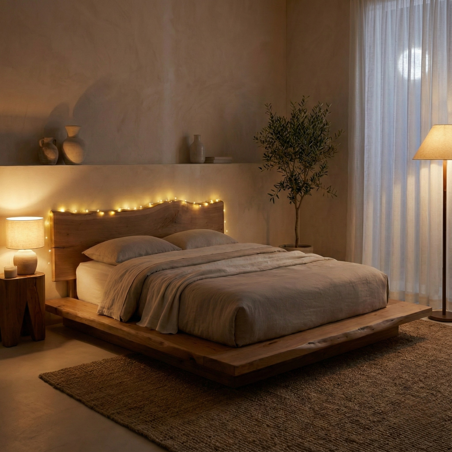 Handcrafted Solid Wood Japandi Platform Bed with Natural Live-Edge Headboard Kitchnce