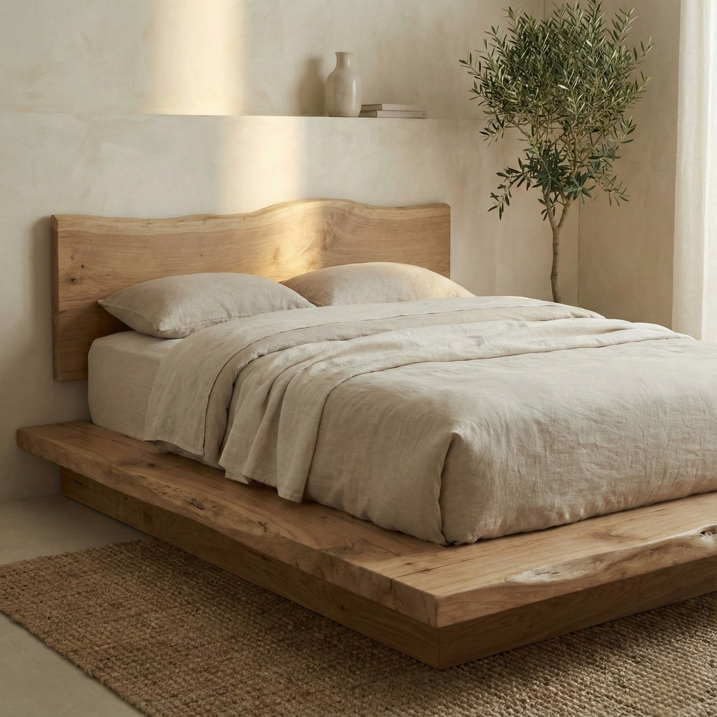 Handcrafted Solid Wood Japandi Platform Bed with Natural Live-Edge Headboard Kitchnce