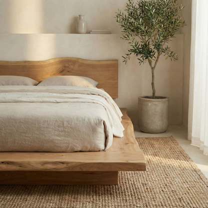 Handcrafted Solid Wood Japandi Platform Bed with Natural Live-Edge Headboard Kitchnce