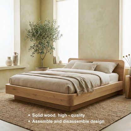 Handcrafted Solid Wood Japandi Platform Bed with Rounded Headboard Kitchnce