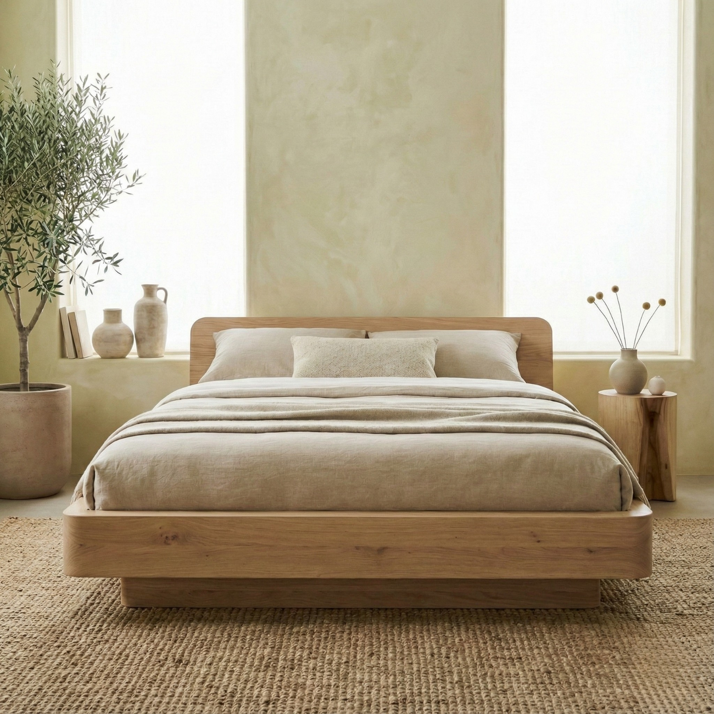 Handcrafted Solid Wood Japandi Platform Bed with Rounded Headboard Kitchnce