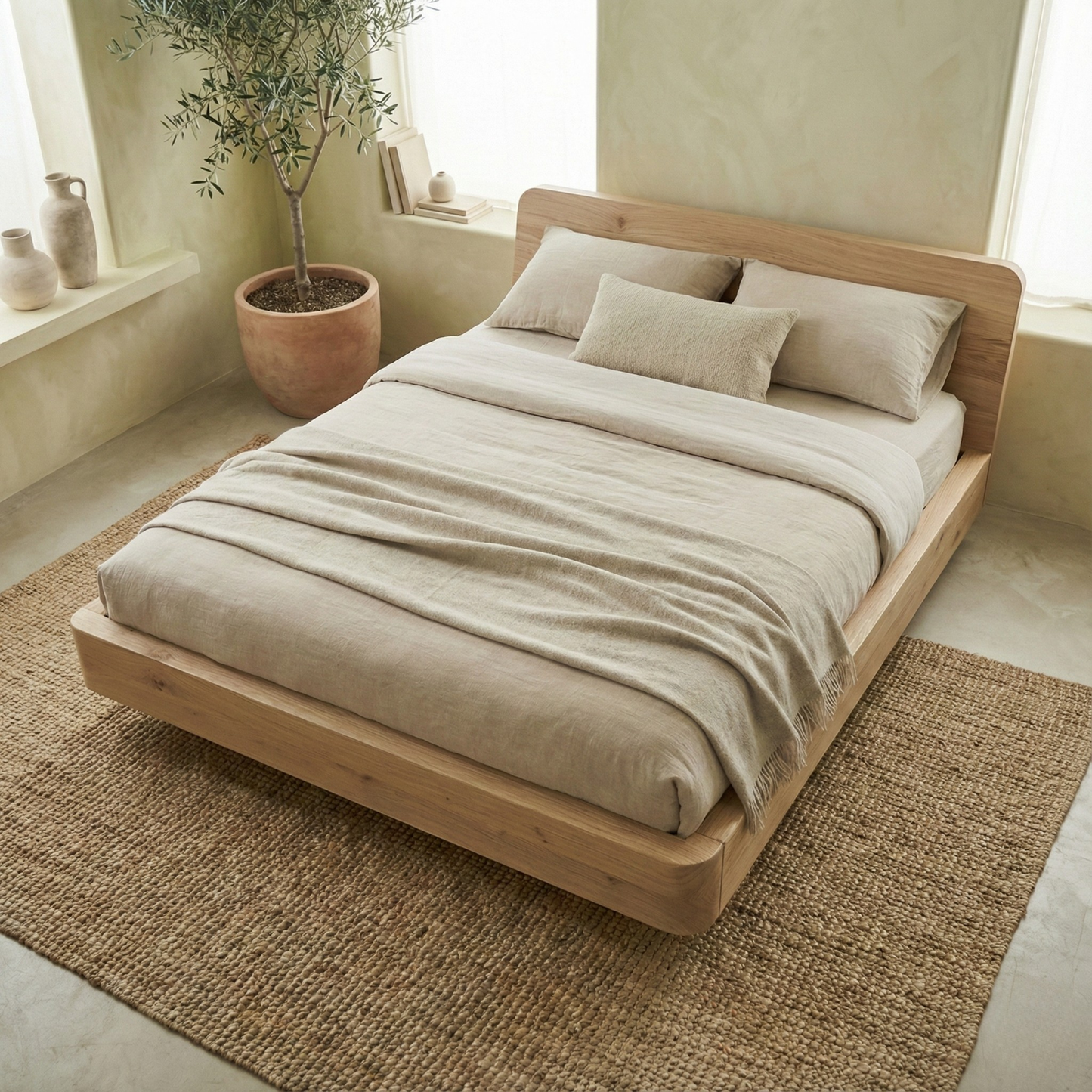 Handcrafted Solid Wood Japandi Platform Bed with Rounded Headboard Kitchnce