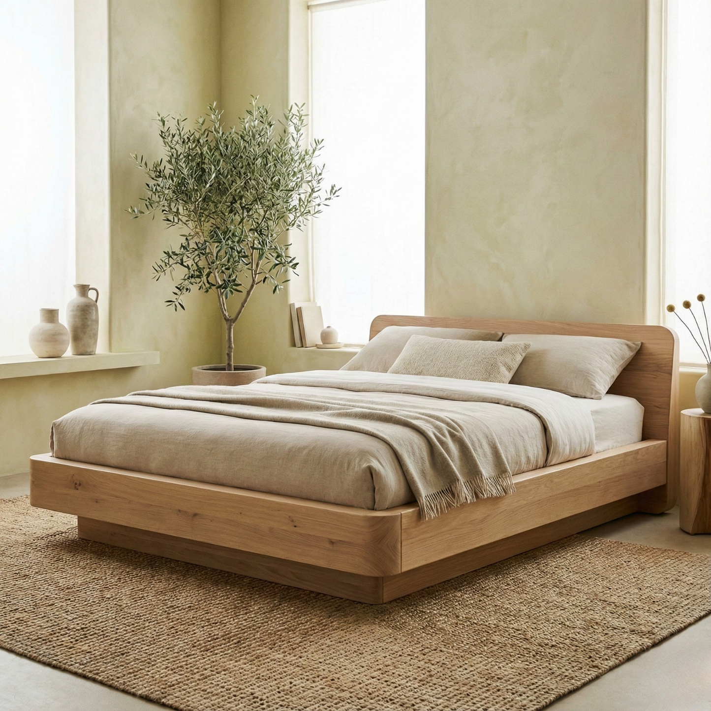 Handcrafted Solid Wood Japandi Platform Bed with Rounded Headboard Kitchnce
