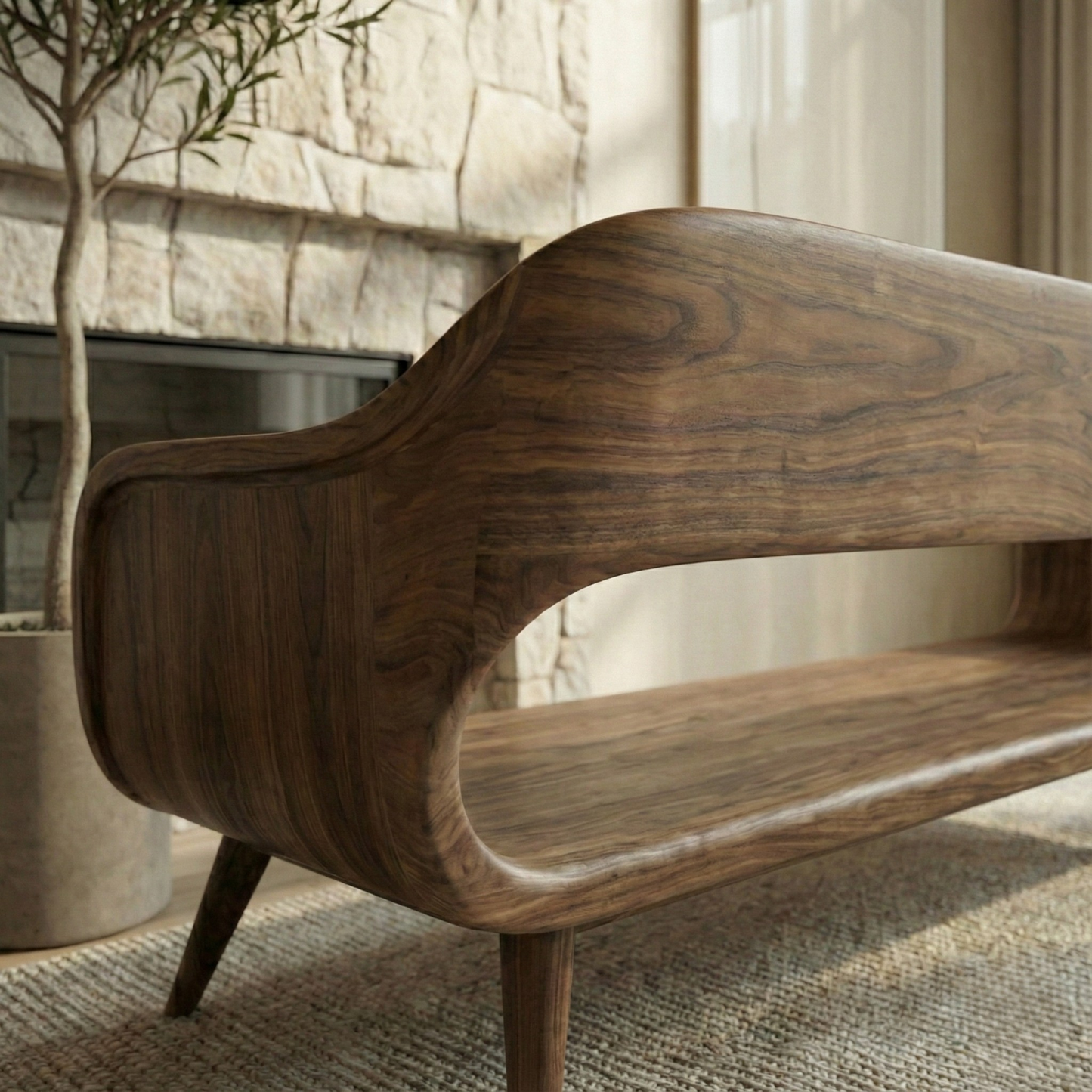 Handcrafted Solid Wood Organic Modern Sofa with Sculpted Curved Form Kitchnce