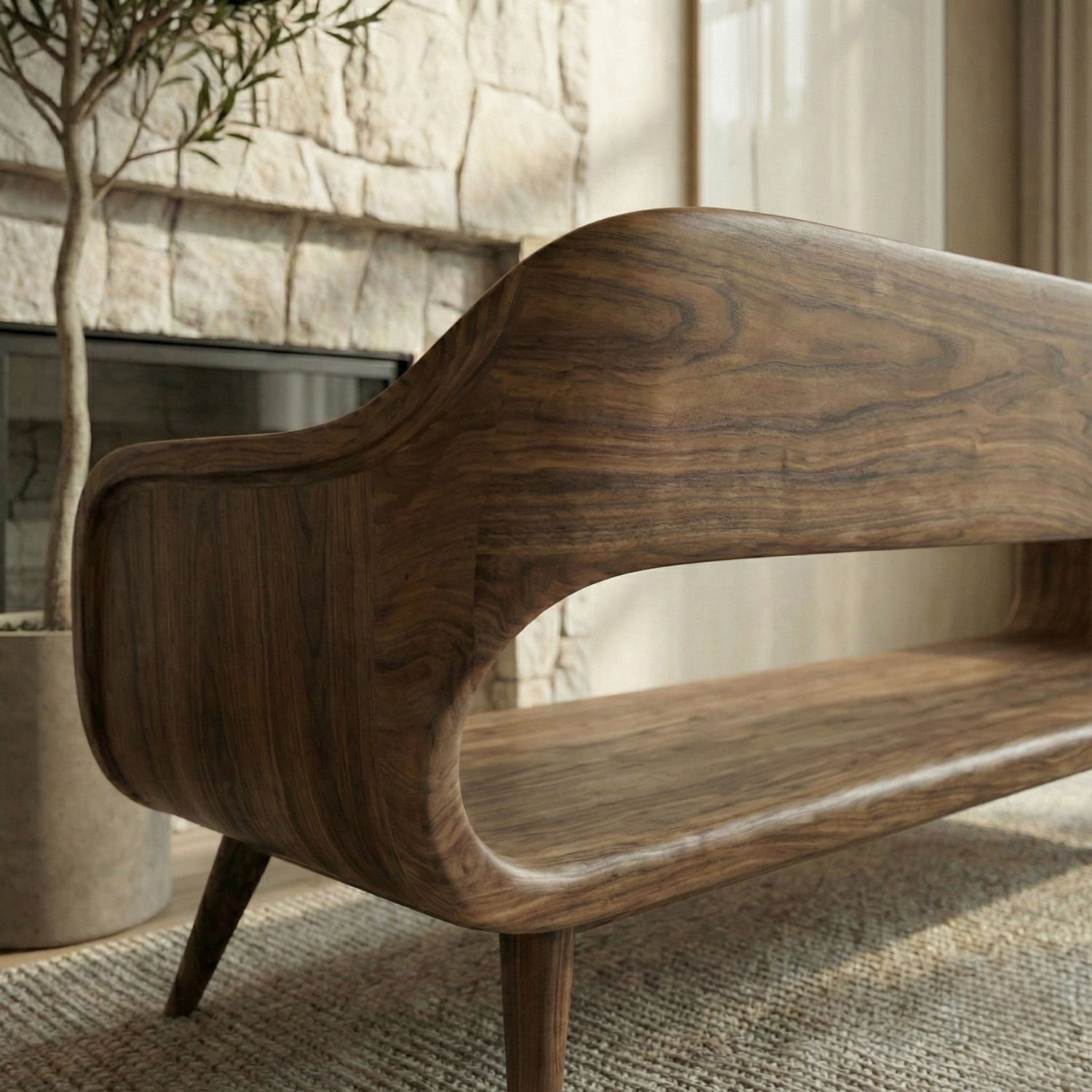 Handcrafted Solid Wood Organic Modern Sofa with Sculpted Curved Form Kitchnce