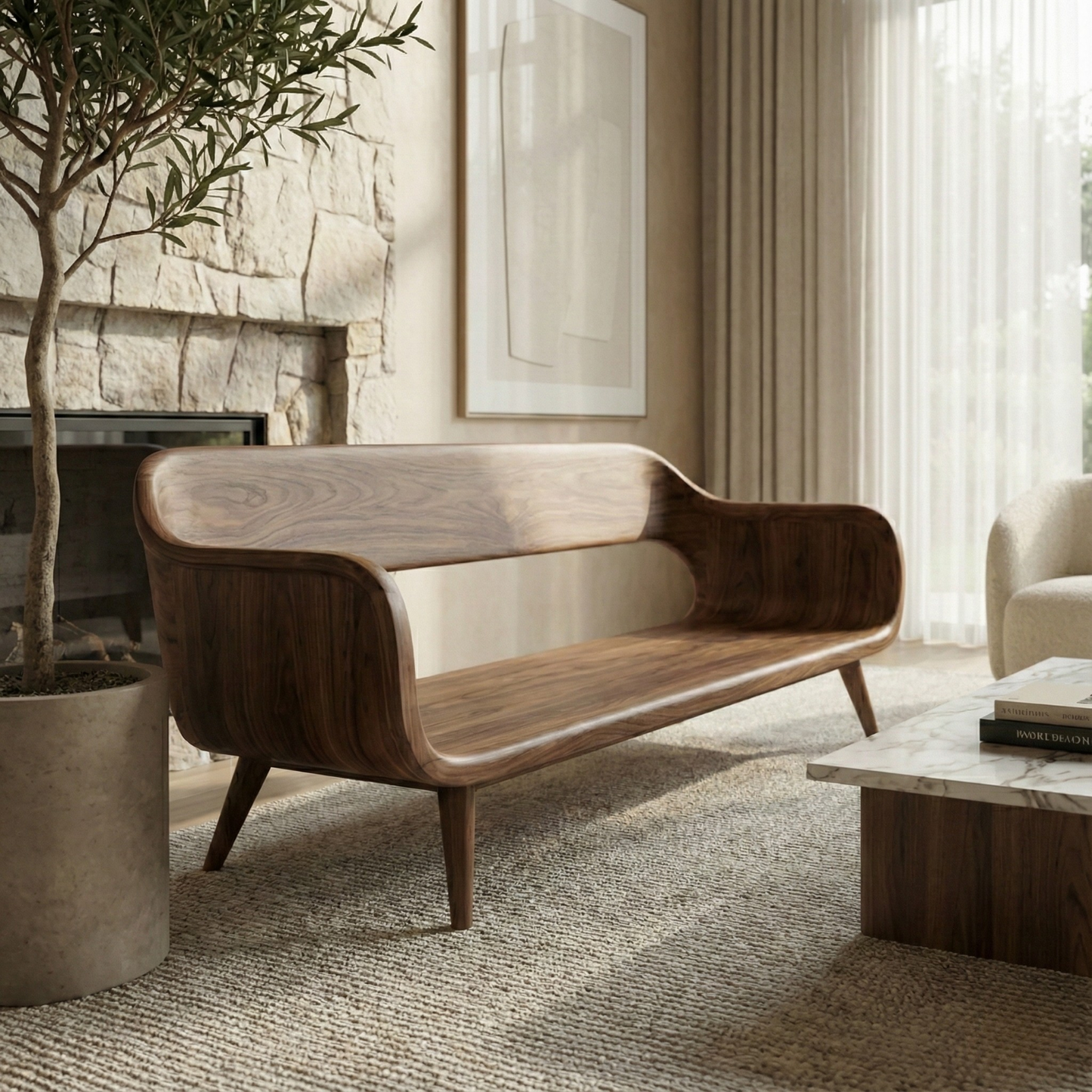 Handcrafted Solid Wood Organic Modern Sofa with Sculpted Curved Form Kitchnce