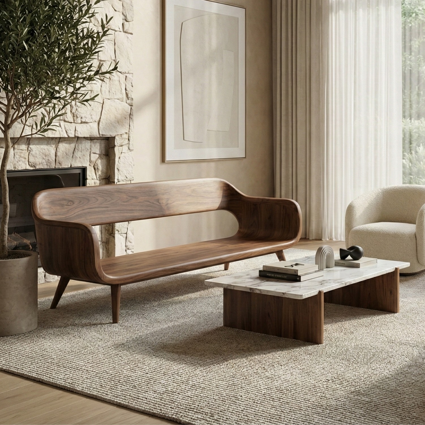 Handcrafted Solid Wood Organic Modern Sofa with Sculpted Curved Form Kitchnce