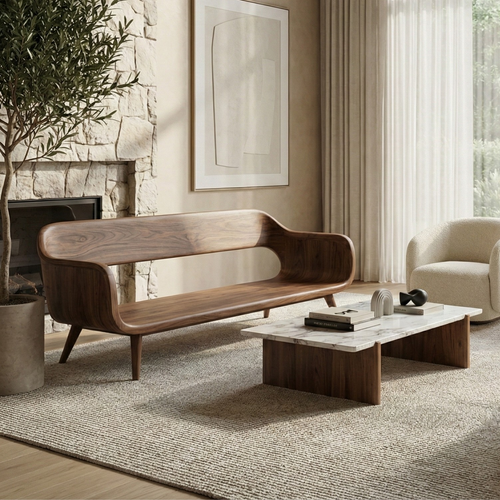 Handcrafted Solid Wood Organic Modern Sofa with Sculpted Curved Form Kitchnce