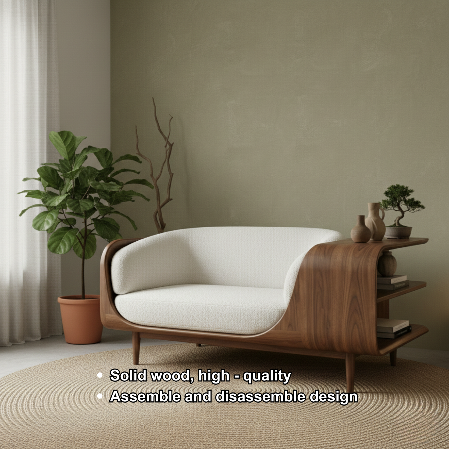 Handcrafted Solid Wood Organic Modern Sofa with Integrated Sculpted Side Shelves Kitchnce