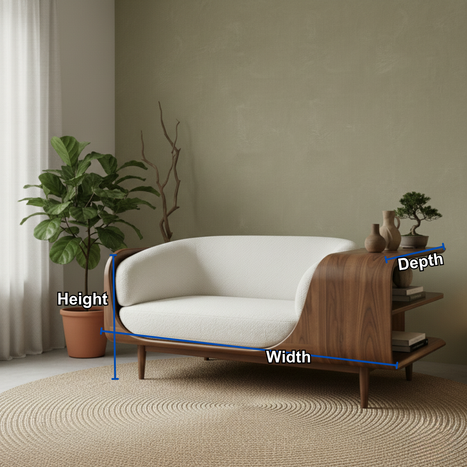 Handcrafted Solid Wood Organic Modern Sofa with Integrated Sculpted Side Shelves Kitchnce