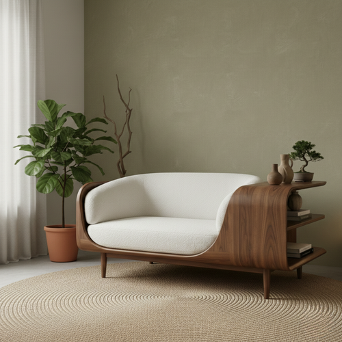 Handcrafted Solid Wood Organic Modern Sofa with Integrated Sculpted Side Shelves Kitchnce