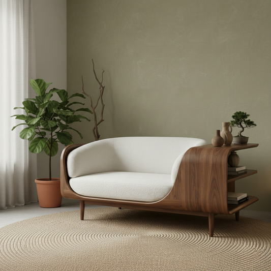 Handcrafted Solid Wood Organic Modern Sofa with Integrated Sculpted Side Shelves Kitchnce