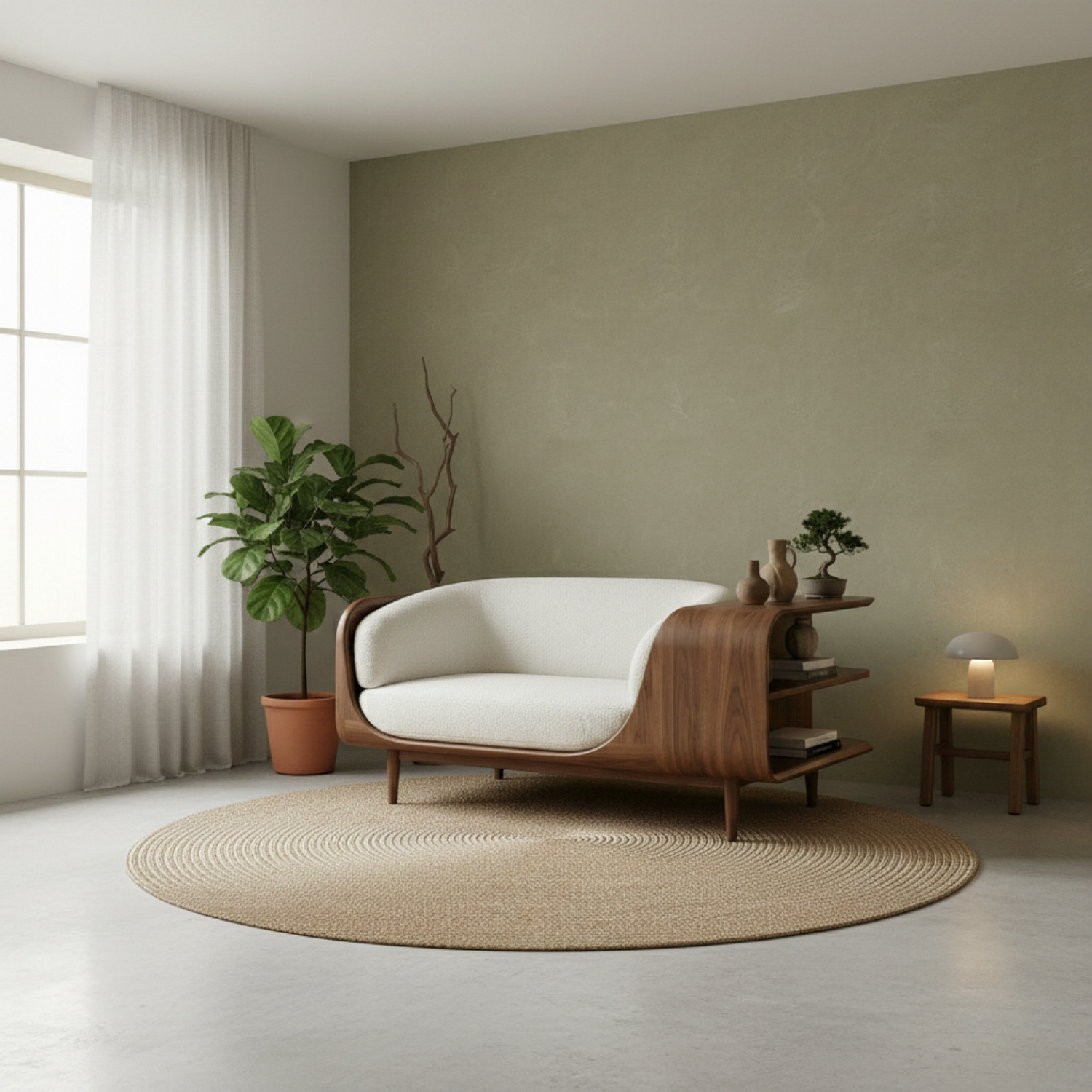 Handcrafted Solid Wood Organic Modern Sofa with Integrated Sculpted Side Shelves Kitchnce