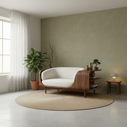 Handcrafted Solid Wood Organic Modern Sofa with Integrated Sculpted Side Shelves Kitchnce