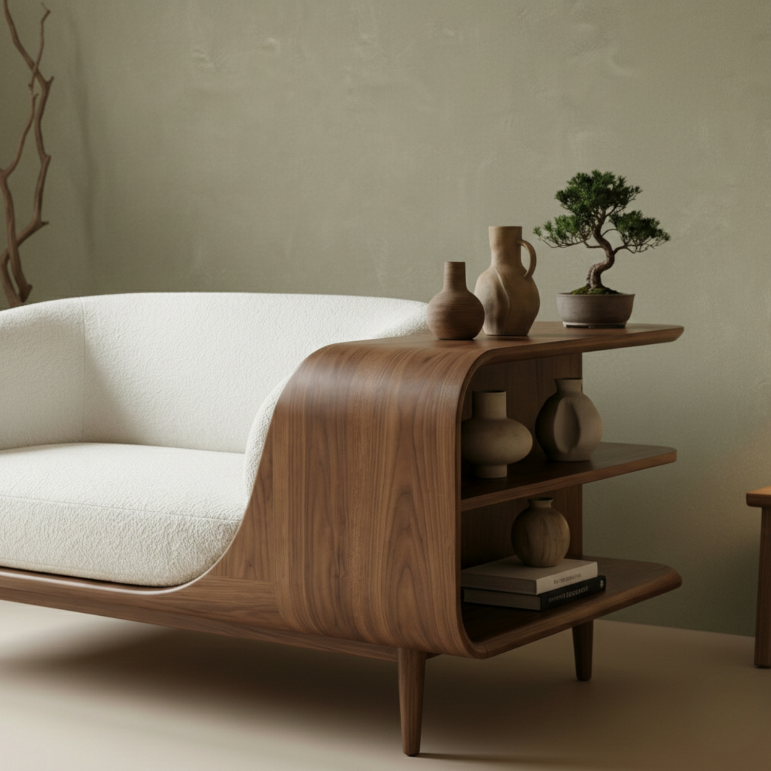 Handcrafted Solid Wood Organic Modern Sofa with Integrated Sculpted Side Shelves Kitchnce