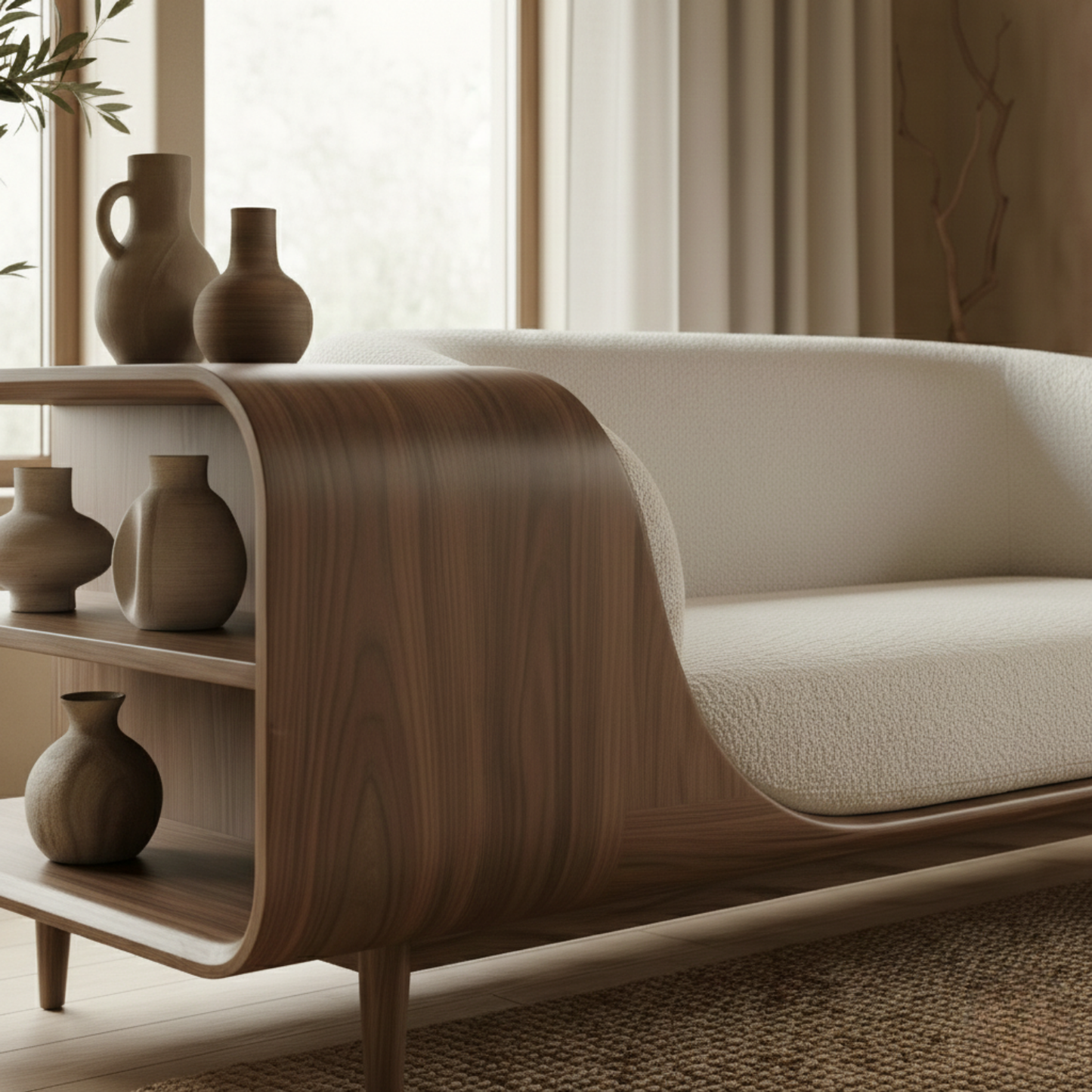 Handcrafted Solid Wood Organic Modern Sofa with Integrated Side Storage Shelves Kitchnce
