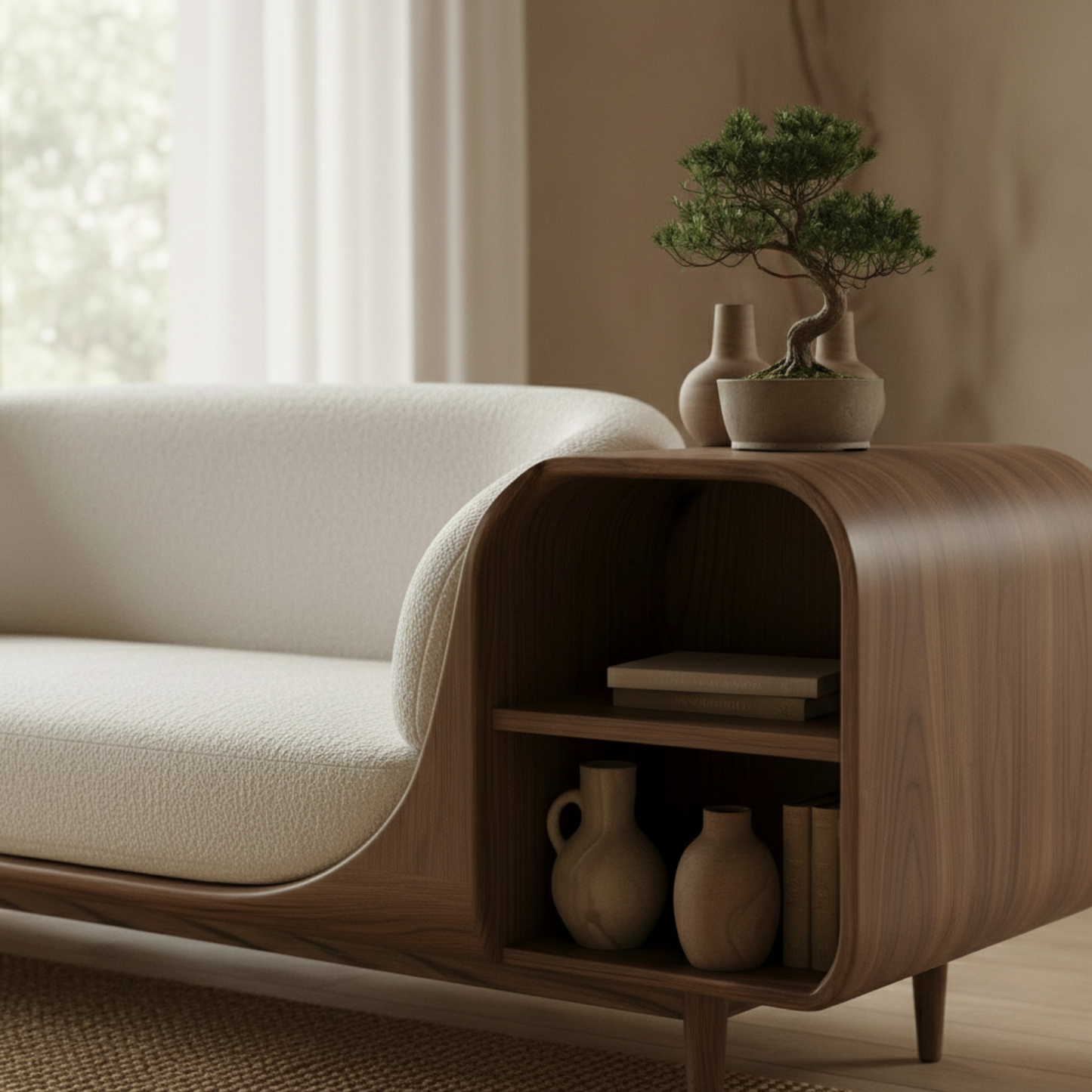Handcrafted Solid Wood Organic Modern Sofa with Integrated Side Storage Shelves Kitchnce