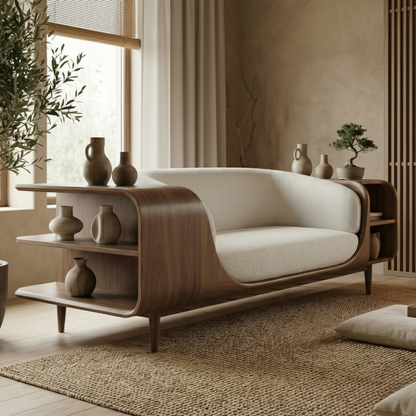 Handcrafted Solid Wood Organic Modern Sofa with Integrated Side Storage Shelves Kitchnce
