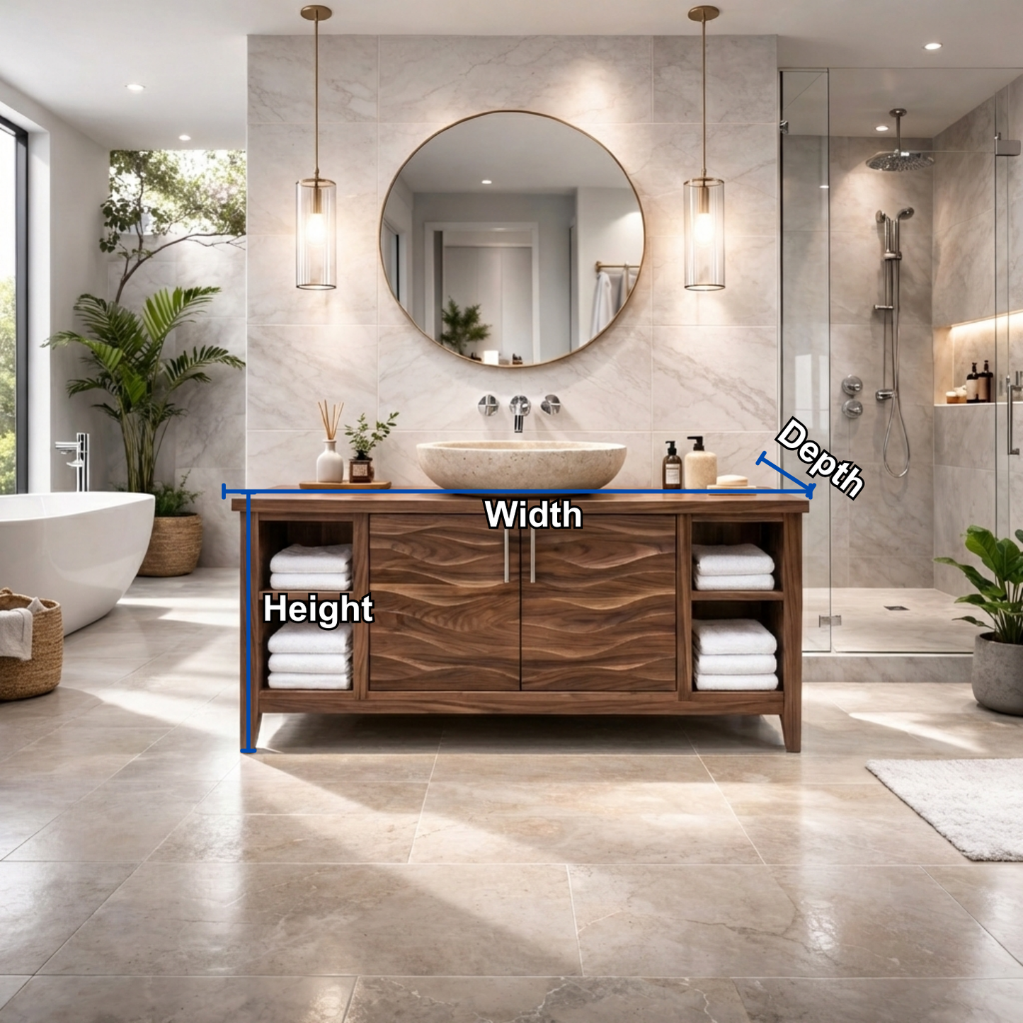 Freestanding Solid Wood Bathroom Vanity with Wave Front and Open Shelf Storage