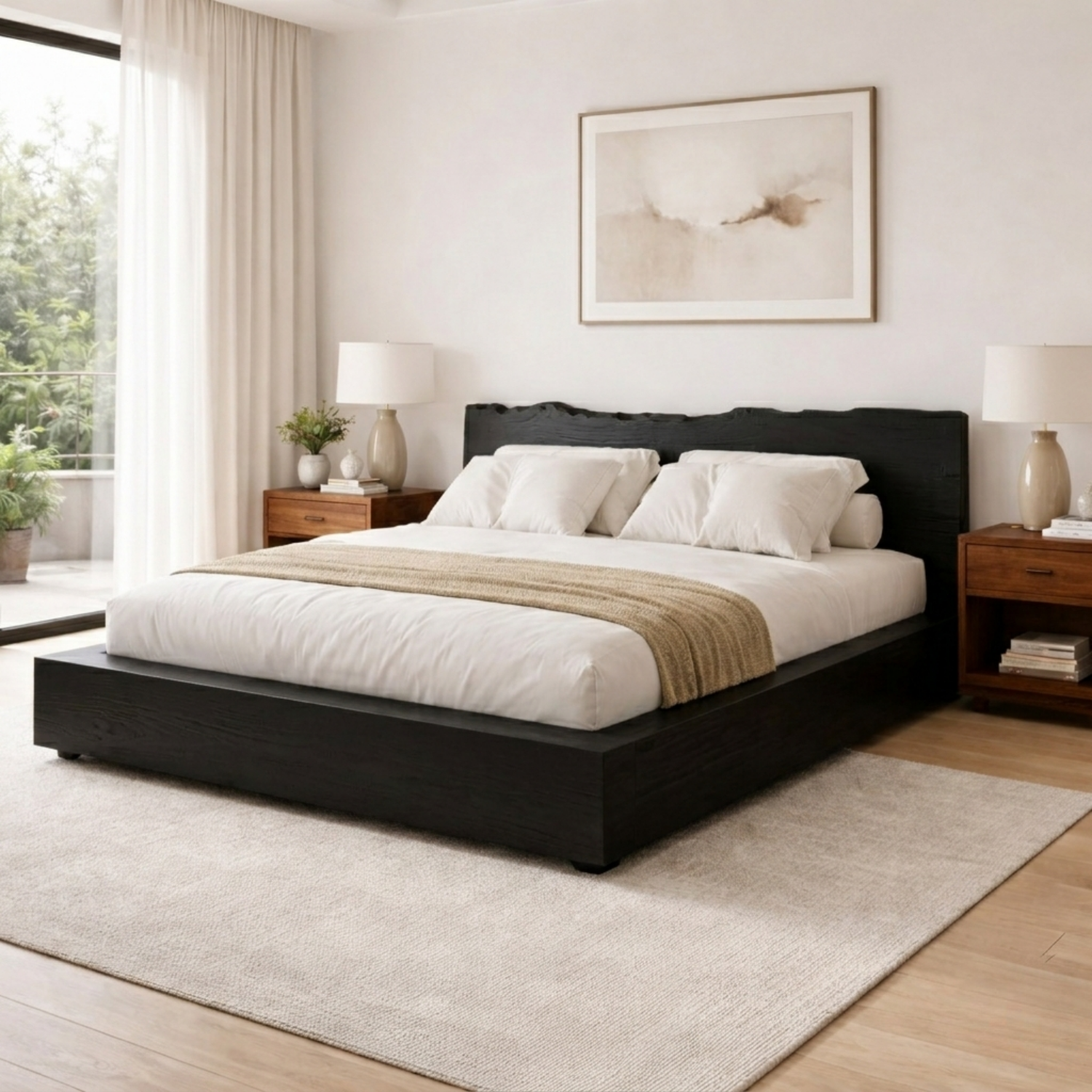 Solid Wood Platform Bed Frame with Live Edge Headboard