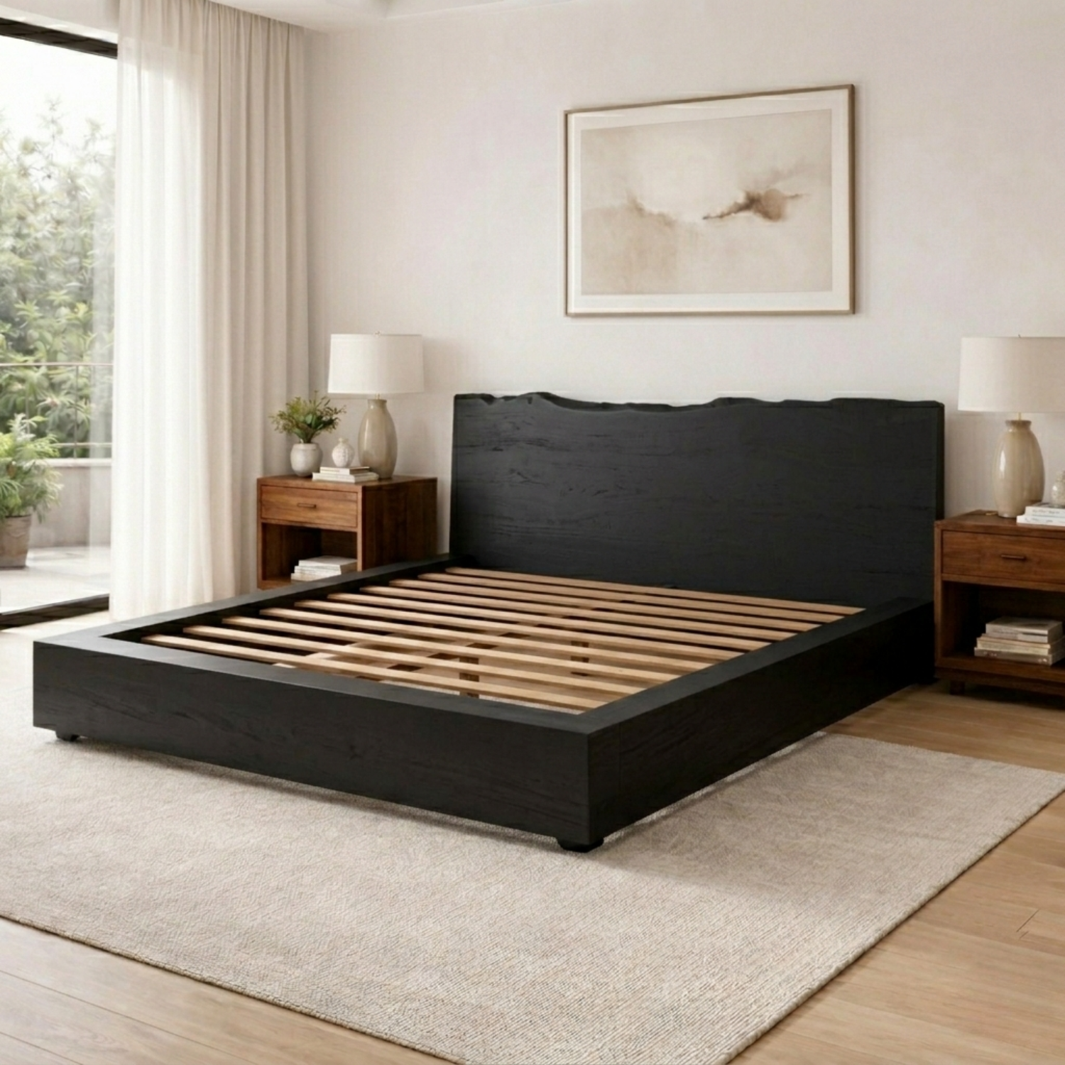 Solid Wood Platform Bed Frame with Live Edge Headboard