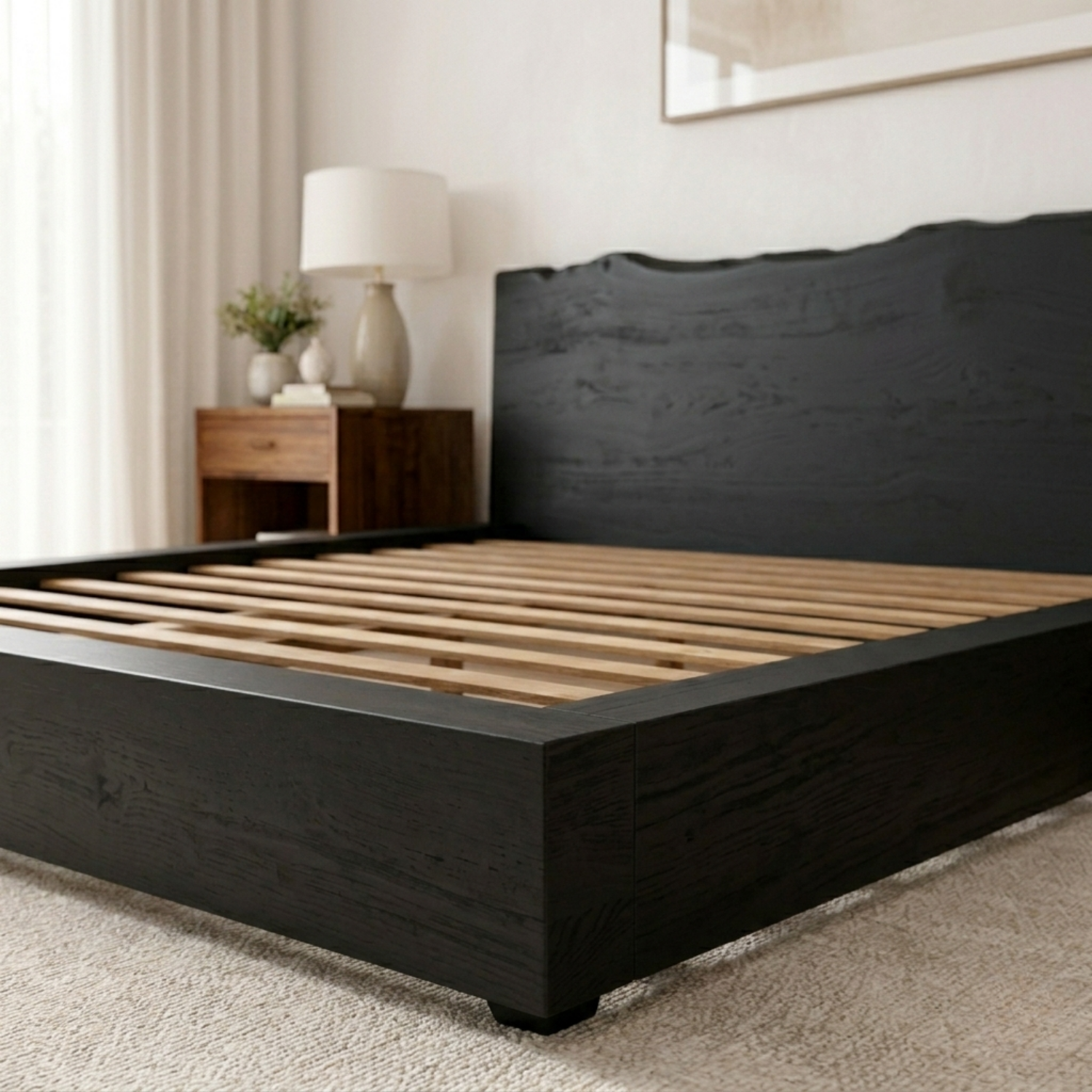 Solid Wood Platform Bed Frame with Live Edge Headboard