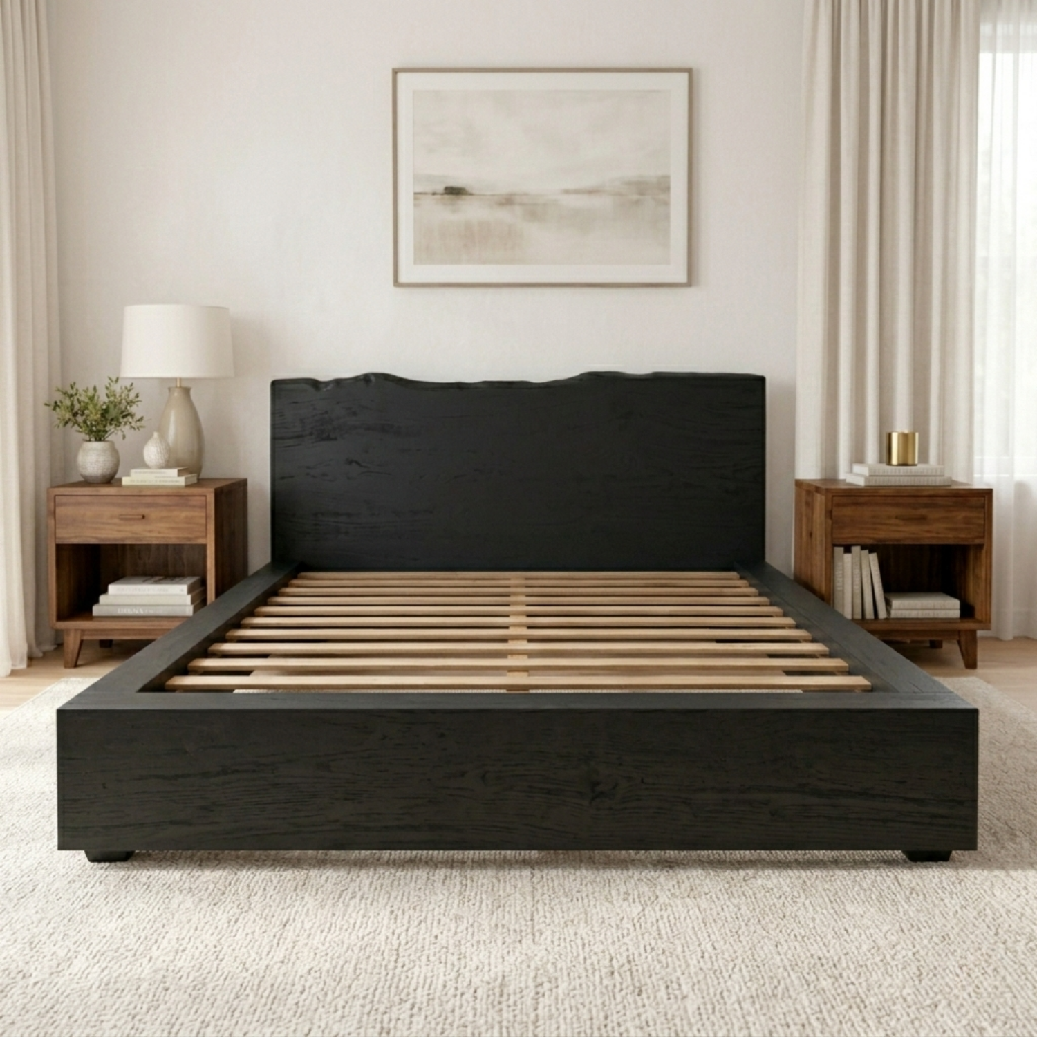 Solid Wood Platform Bed Frame with Live Edge Headboard