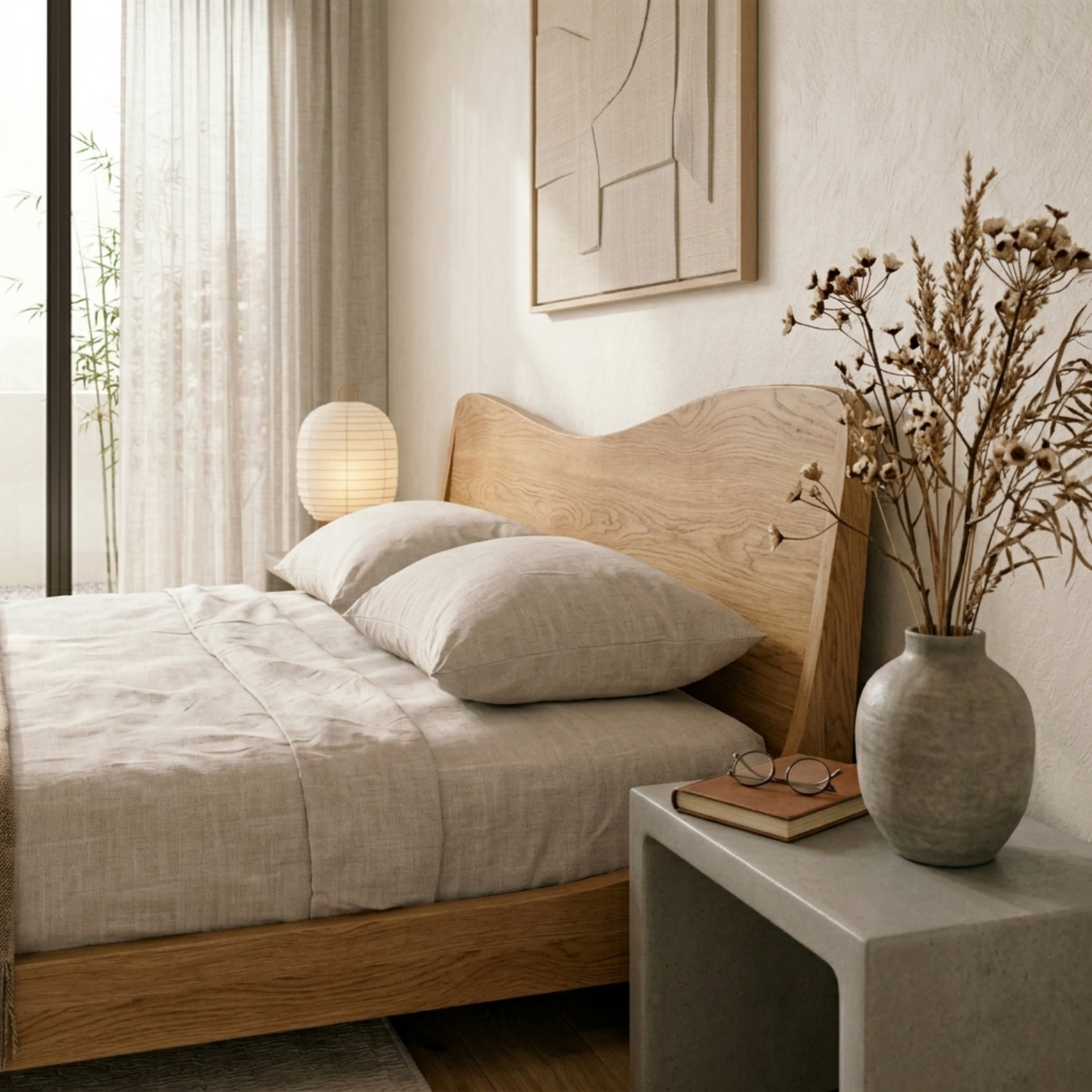 Solid Wood Platform Bed Frame with Curved Headboard – Modern Minimalist Design