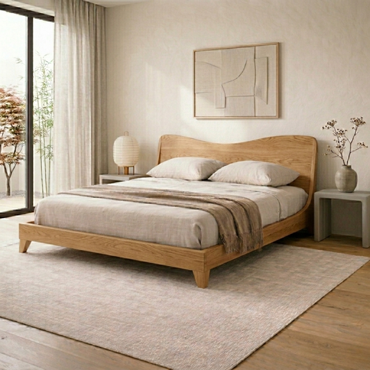 Solid Wood Platform Bed Frame with Curved Headboard – Modern Minimalist Design