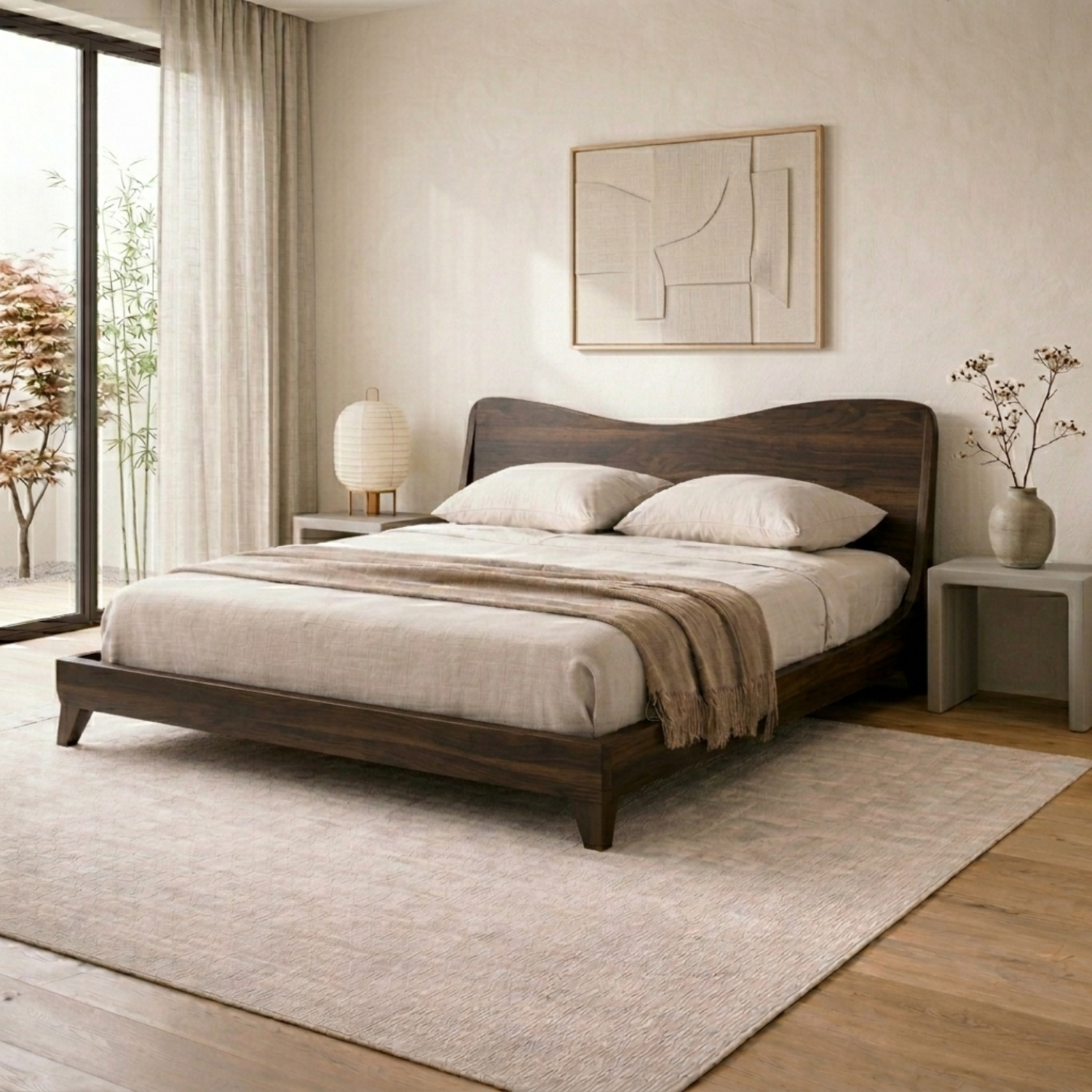 Solid Wood Platform Bed Frame with Curved Headboard – Modern Minimalist Design