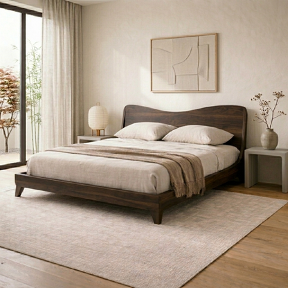 Solid Wood Platform Bed Frame with Curved Headboard – Modern Minimalist Design