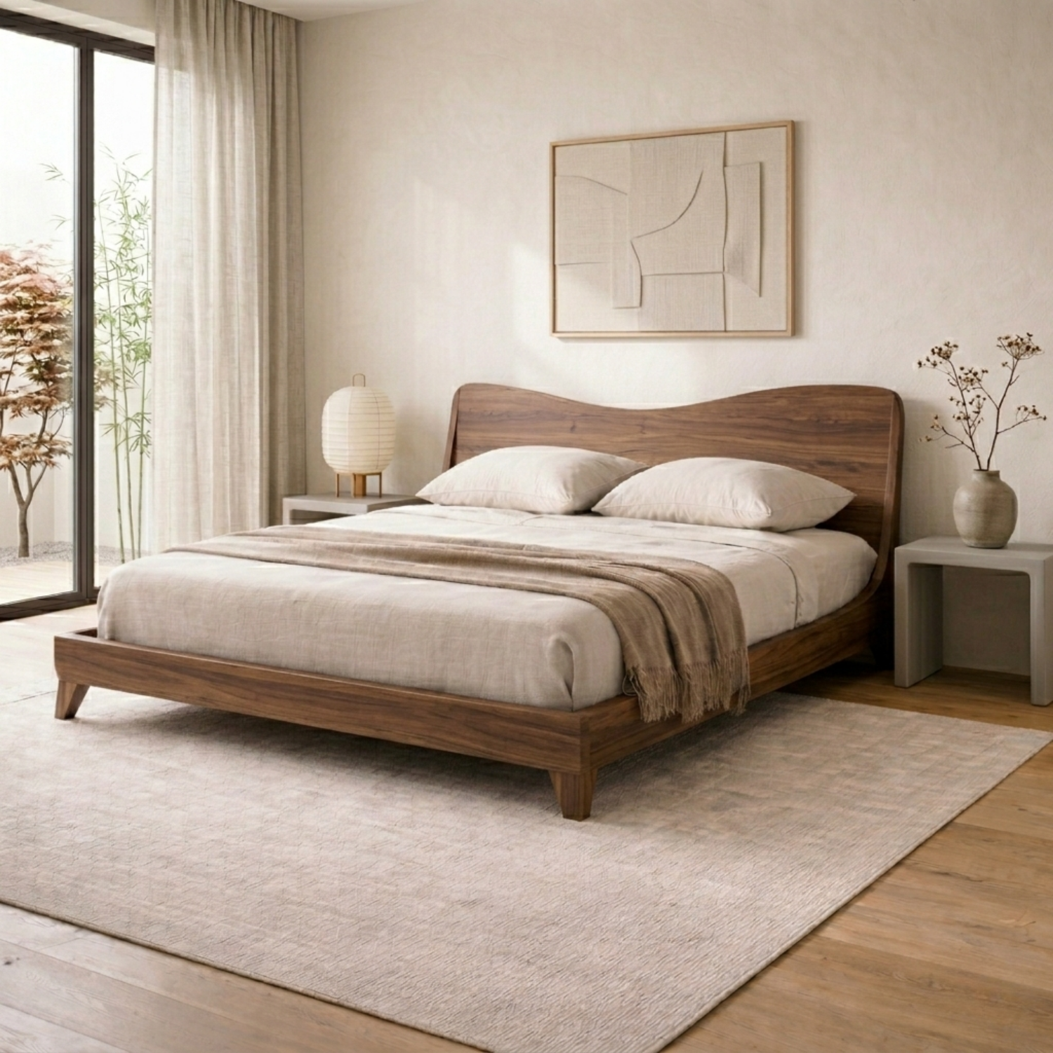 Solid Wood Platform Bed Frame with Curved Headboard – Modern Minimalist Design